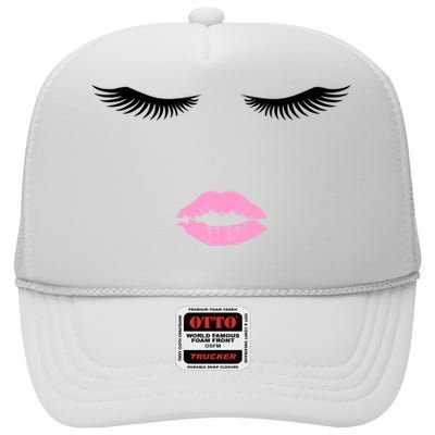 Fashion Style Eyelash Lips Lashes Pink Lipstick High Crown Mesh Back Trucker Hat