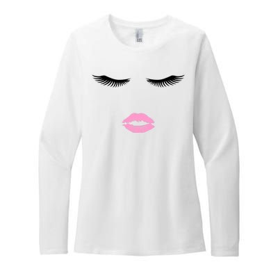 Fashion Style Eyelash Lips Lashes Pink Lipstick Womens CVC Long Sleeve Shirt