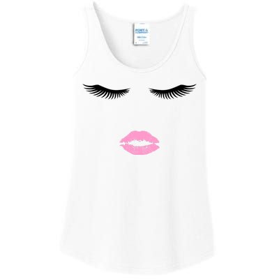 Fashion Style Eyelash Lips Lashes Pink Lipstick Ladies Essential Tank