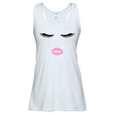 Fashion Style Eyelash Lips Lashes Pink Lipstick Ladies Essential Flowy Tank