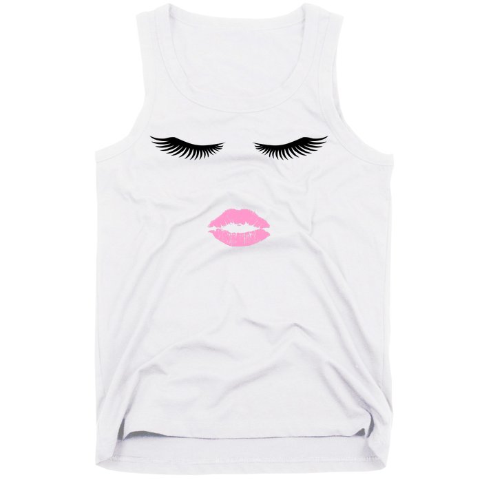 Fashion Style Eyelash Lips Lashes Pink Lipstick Tank Top