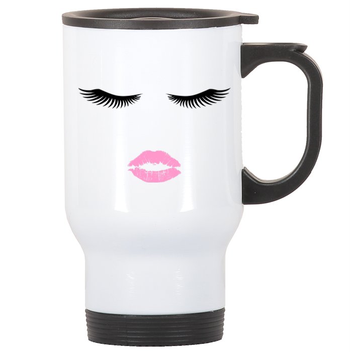 Fashion Style Eyelash Lips Lashes Pink Lipstick Stainless Steel Travel Mug