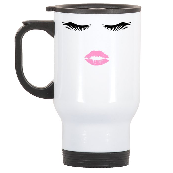 Fashion Style Eyelash Lips Lashes Pink Lipstick Stainless Steel Travel Mug