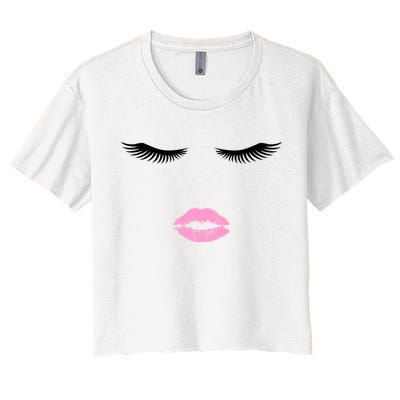 Fashion Style Eyelash Lips Lashes Pink Lipstick Women's Crop Top Tee