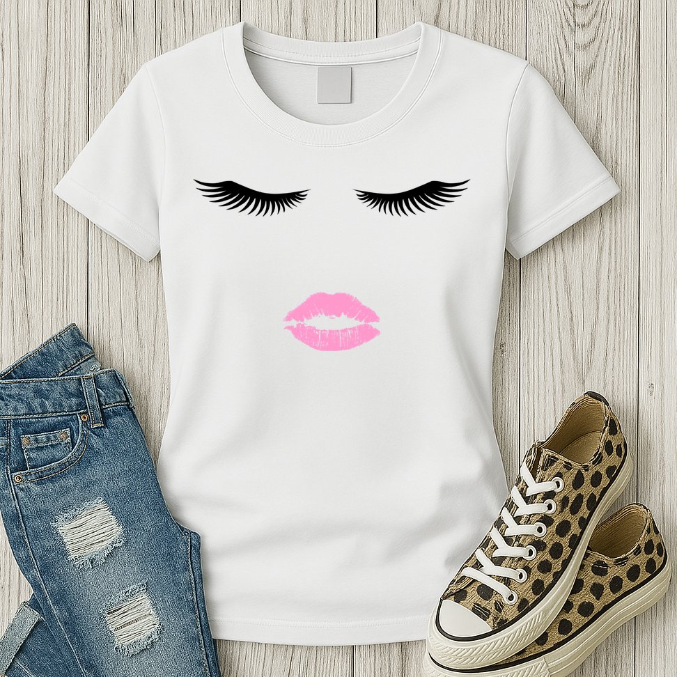 Fashion Style Eyelash Lips Lashes Pink Lipstick Womens T-Shirt