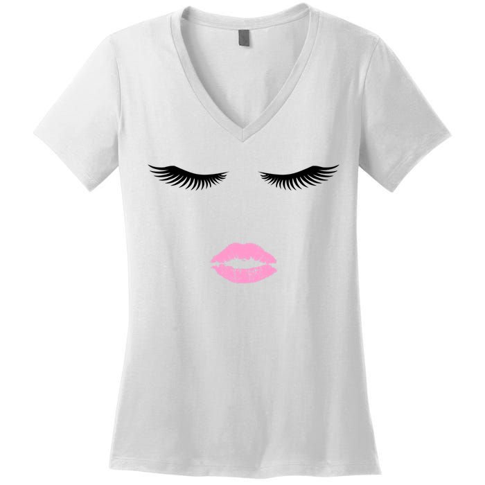 Fashion Style Eyelash Lips Lashes Pink Lipstick Women's V-Neck T-Shirt