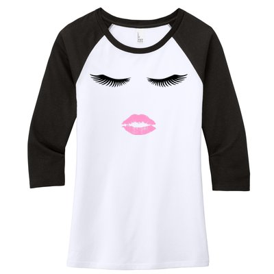 Fashion Style Eyelash Lips Lashes Pink Lipstick Women's Tri-Blend 3/4-Sleeve Raglan Shirt