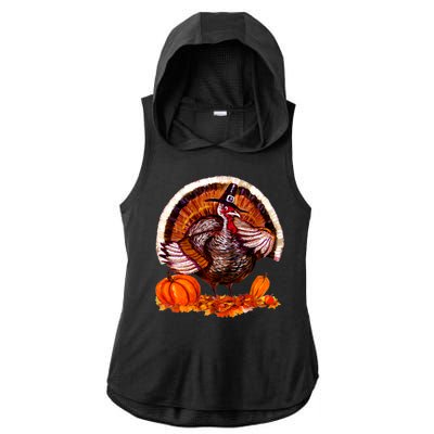 Fat Turkey Pumpkin Scene Ladies PosiCharge Tri-Blend Wicking Draft Hoodie Tank