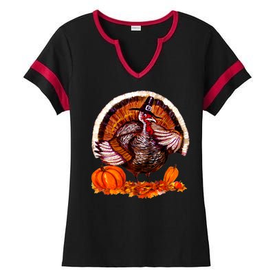 Fat Turkey Pumpkin Scene Ladies Halftime Notch Neck Tee