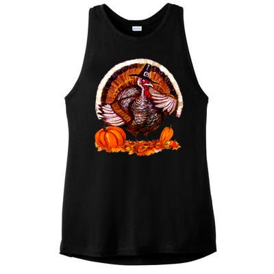 Fat Turkey Pumpkin Scene Ladies PosiCharge Tri-Blend Wicking Tank