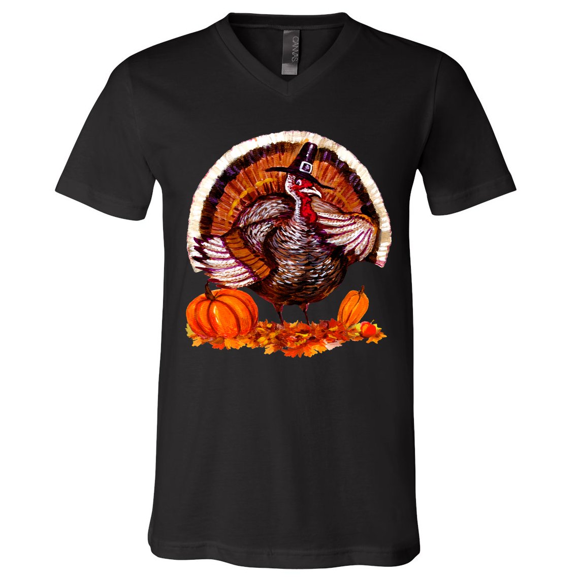 Fat Turkey Pumpkin Scene V-Neck T-Shirt
