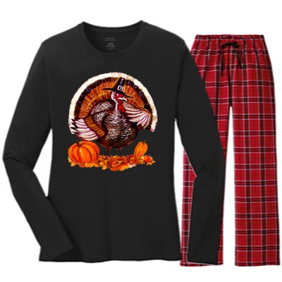 Fat Turkey Pumpkin Scene Women's Long Sleeve Flannel Pajama Set 