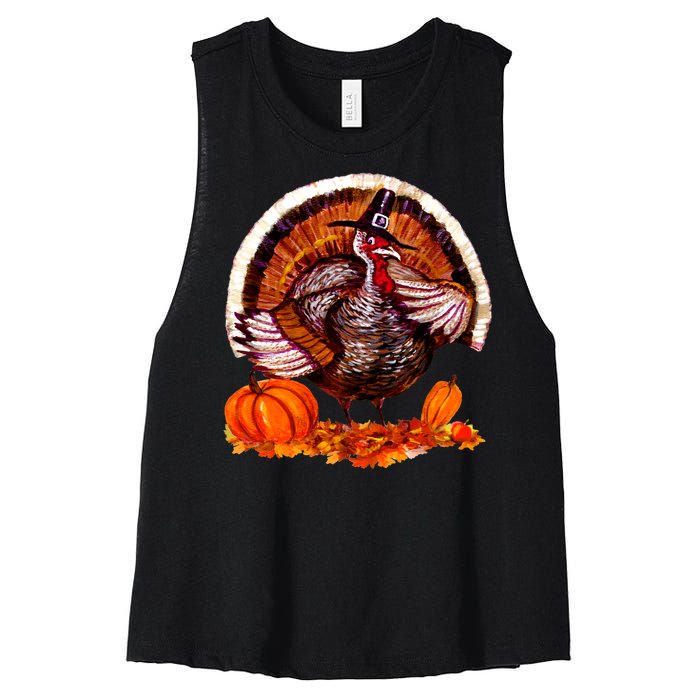 Fat Turkey Pumpkin Scene Women's Racerback Cropped Tank