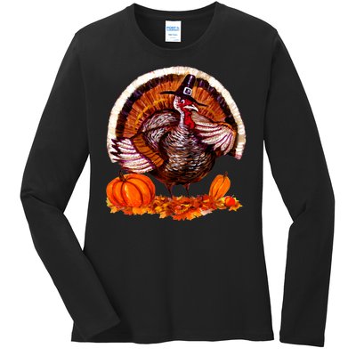 Fat Turkey Pumpkin Scene Ladies Long Sleeve Shirt