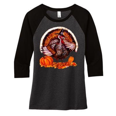 Fat Turkey Pumpkin Scene Women's Tri-Blend 3/4-Sleeve Raglan Shirt