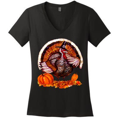 Fat Turkey Pumpkin Scene Women's V-Neck T-Shirt