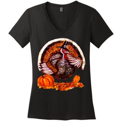 Fat Turkey Pumpkin Scene Women's V-Neck T-Shirt