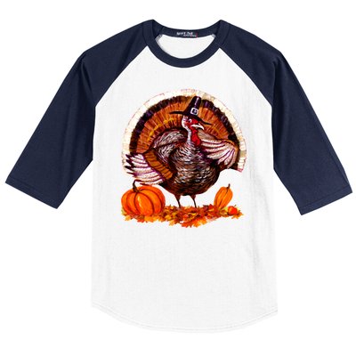 Fat Turkey Pumpkin Scene Baseball Sleeve Shirt