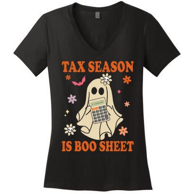 Funny Accountant Tax Season Is Boo Sheet CPA Halloween Ghost Women's V-Neck T-Shirt