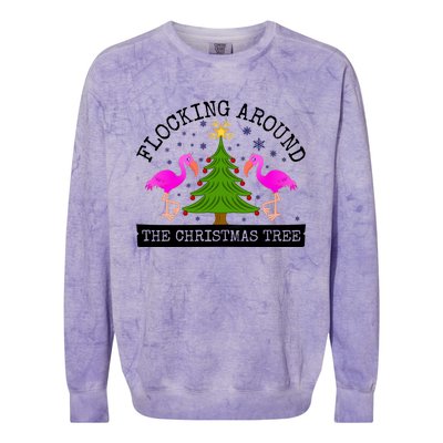 Flocking Around The Christmas Tree Pink Flamingo Christmas Gift Colorblast Crewneck Sweatshirt