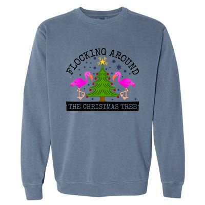 Flocking Around The Christmas Tree Pink Flamingo Christmas Gift Garment-Dyed Sweatshirt