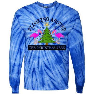 Flocking Around The Christmas Tree Pink Flamingo Christmas Gift Tie-Dye Long Sleeve Shirt