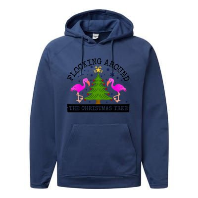 Flocking Around The Christmas Tree Pink Flamingo Christmas Gift Performance Fleece Hoodie