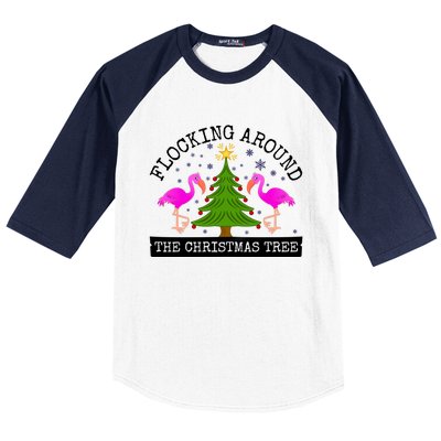 Flocking Around The Christmas Tree Pink Flamingo Christmas Gift Baseball Sleeve Shirt