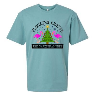 Flocking Around The Christmas Tree Pink Flamingo Christmas Gift Sueded Cloud Jersey T-Shirt