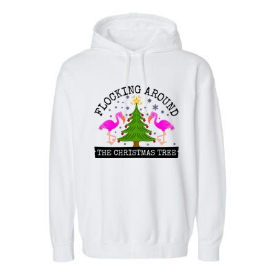 Flocking Around The Christmas Tree Pink Flamingo Christmas Gift Garment-Dyed Fleece Hoodie