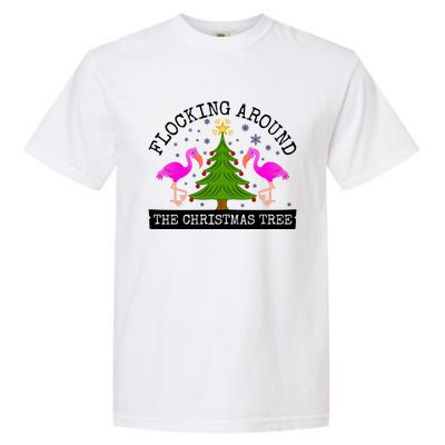 Flocking Around The Christmas Tree Pink Flamingo Christmas Gift Garment-Dyed Heavyweight T-Shirt