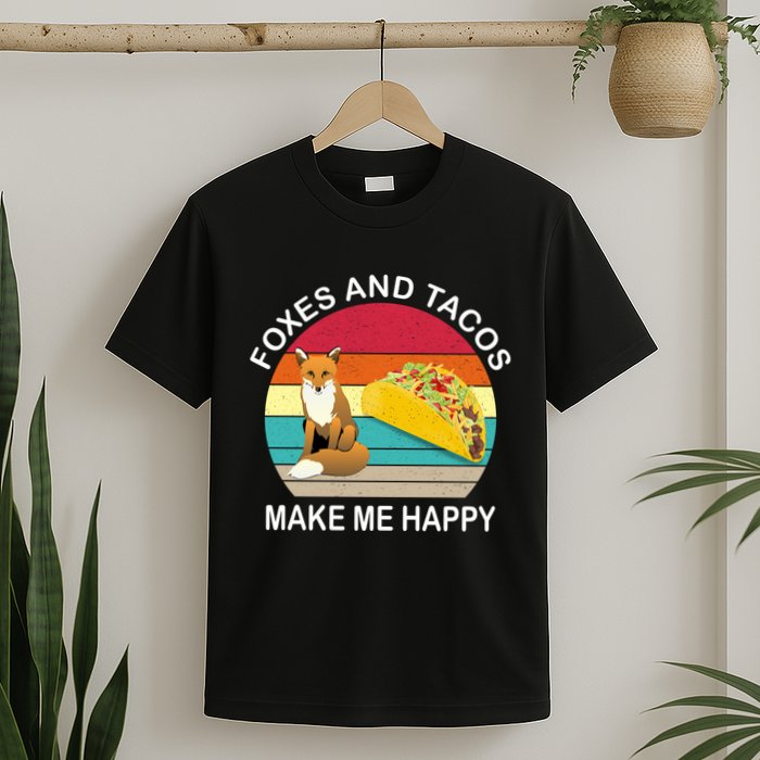 Foxes And Tacos Make Me Happy Retro Sunset T-Shirt