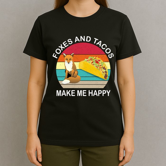 Foxes And Tacos Make Me Happy Retro Sunset T-Shirt