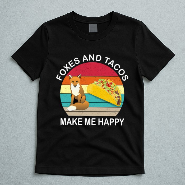 Foxes And Tacos Make Me Happy Retro Sunset T-Shirt
