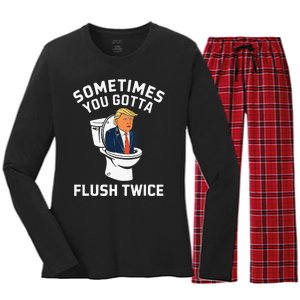 Funny Anti Trump Sometimes You Gotta Flush Twice Women's Long Sleeve Flannel Pajama Set 