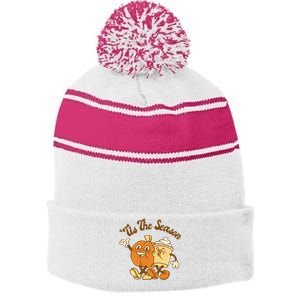 Fall Autumn Tis The Season Pumpkin Spice Coffee Latte Stripe Pom Pom Beanie