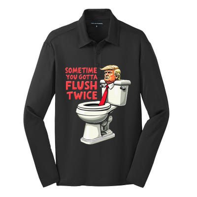 Funny Anti Trump Sometimes You Gotta Flush Twice Silk Touch Performance Long Sleeve Polo