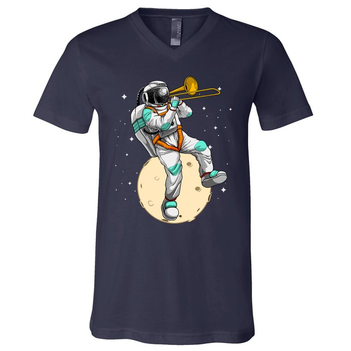 Funny Astronaut Trombone Art For Trombone Player V-Neck T-Shirt