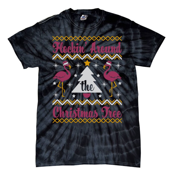 Flockin Around The Christmas Tree Flamingo Christmas Tie-Dye T-Shirt