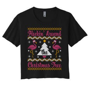 Flockin Around The Christmas Tree Flamingo Christmas Women's Crop Top Tee