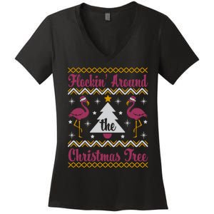 Flockin Around The Christmas Tree Flamingo Christmas Women's V-Neck T-Shirt