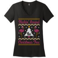 Flockin Around The Christmas Tree Flamingo Christmas Women's V-Neck T-Shirt