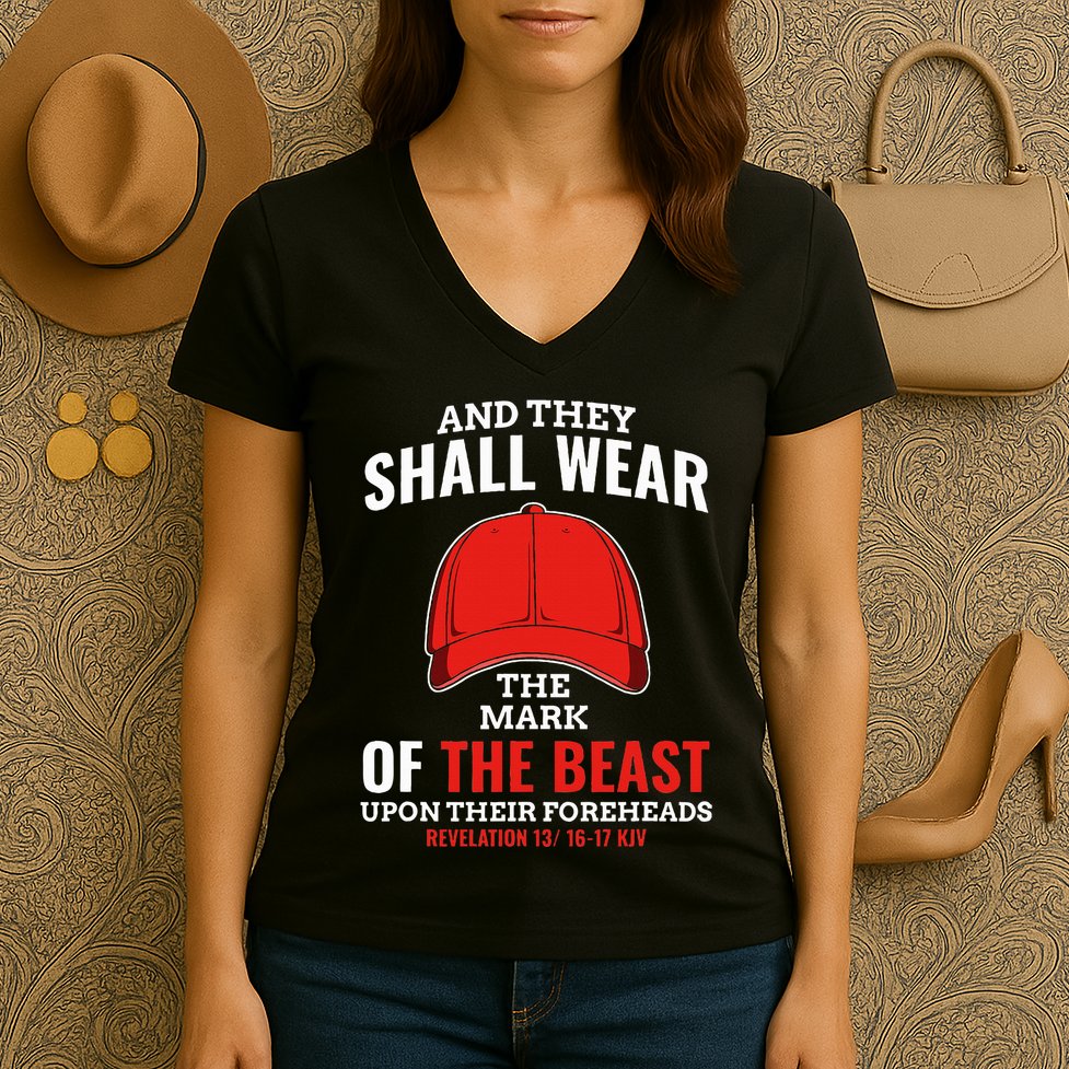 Funny Anti Trump Mark Of The Beast Red Hat Liberal Gift Women's V-Neck T-Shirt