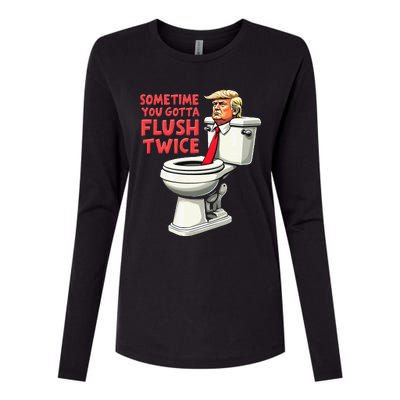 Funny Anti Trump Sometimes You Gotta Flush Twice Womens Cotton Relaxed Long Sleeve T-Shirt