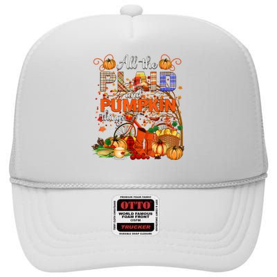 Fall All The Plaid And Pumpkin Things Autumn High Crown Mesh Back Trucker Hat