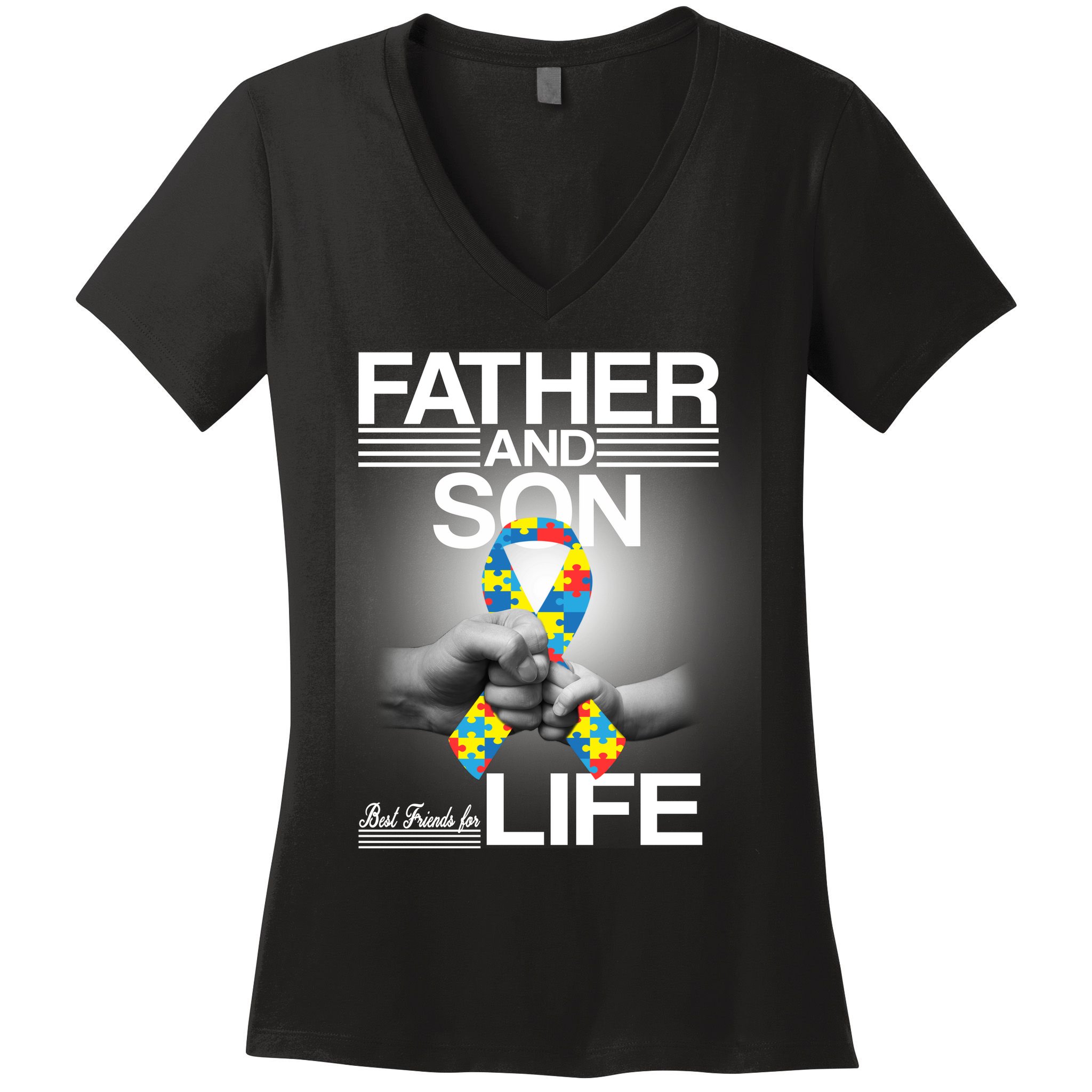 Father Son Best Friends For Life Autism Awareness Women's V-Neck T-Shirt