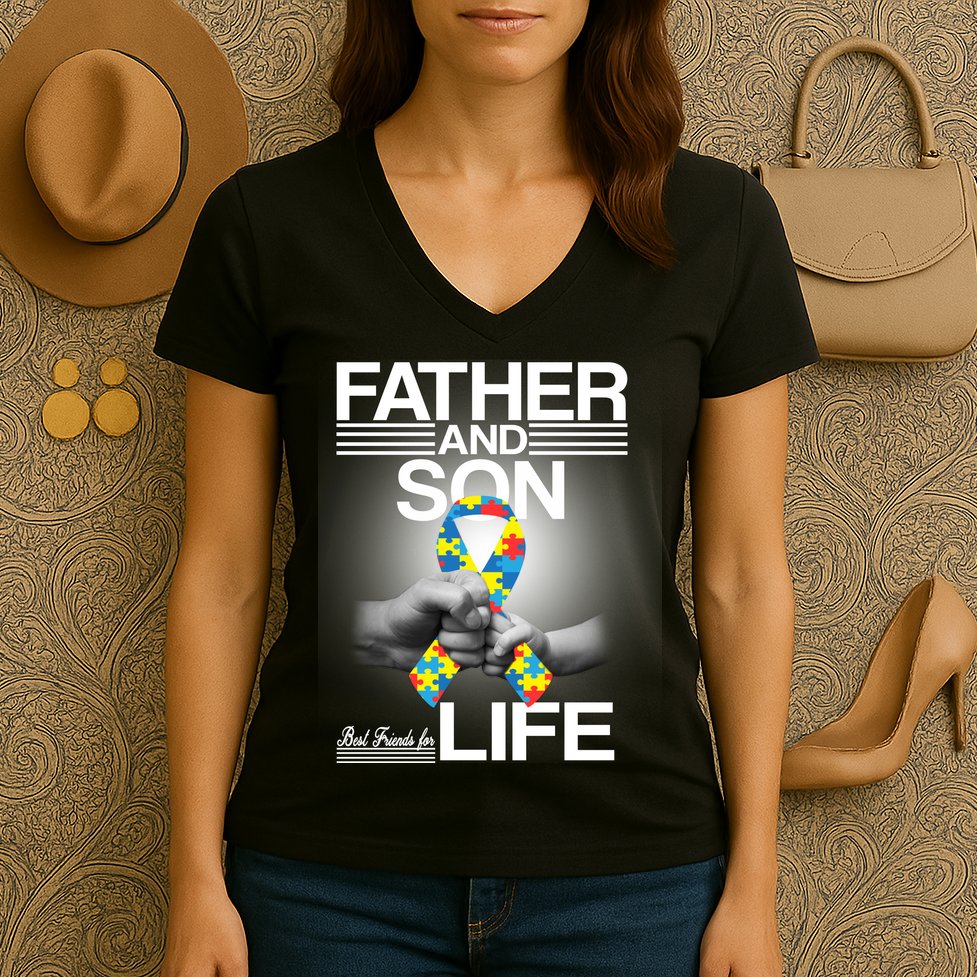 Father Son Best Friends For Life Autism Awareness Women's V-Neck T-Shirt