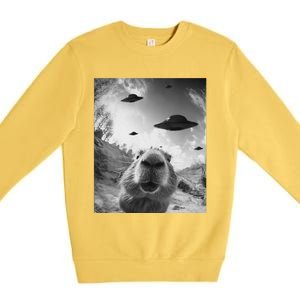 Funny Alien Ufo Graphiccapybara Selfie With Ufos Weird Premium Crewneck Sweatshirt