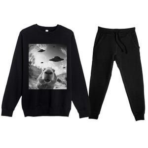 Funny Alien Ufo Graphiccapybara Selfie With Ufos Weird Premium Crewneck Sweatsuit Set