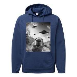 Funny Alien Ufo Graphiccapybara Selfie With Ufos Weird Performance Fleece Hoodie